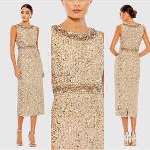 Mac Duggal Gold Embellished Sleeveless High Neck Size 12 Midi Dress 10739 New